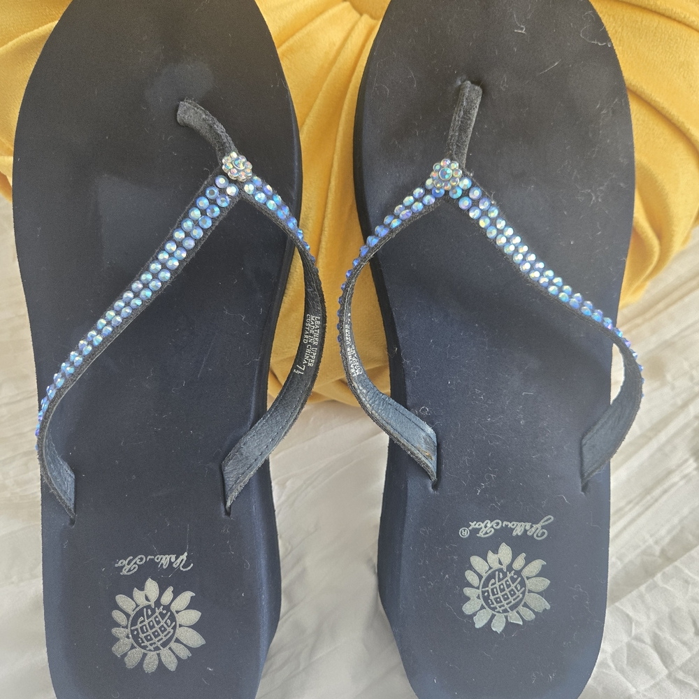 Yellow Box Blue Flip Flops with Blue Crystal Straps